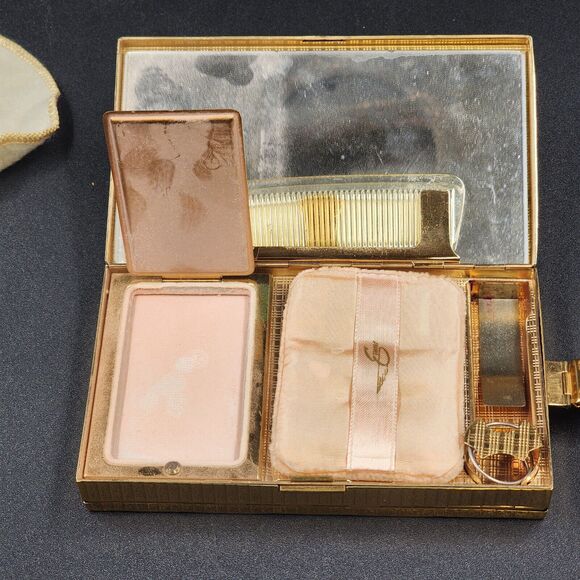 Evans Compact Wristlet Double Sided Gold Quilted Design Mesh Strap Vintage 1940s - Picture 9 of 11